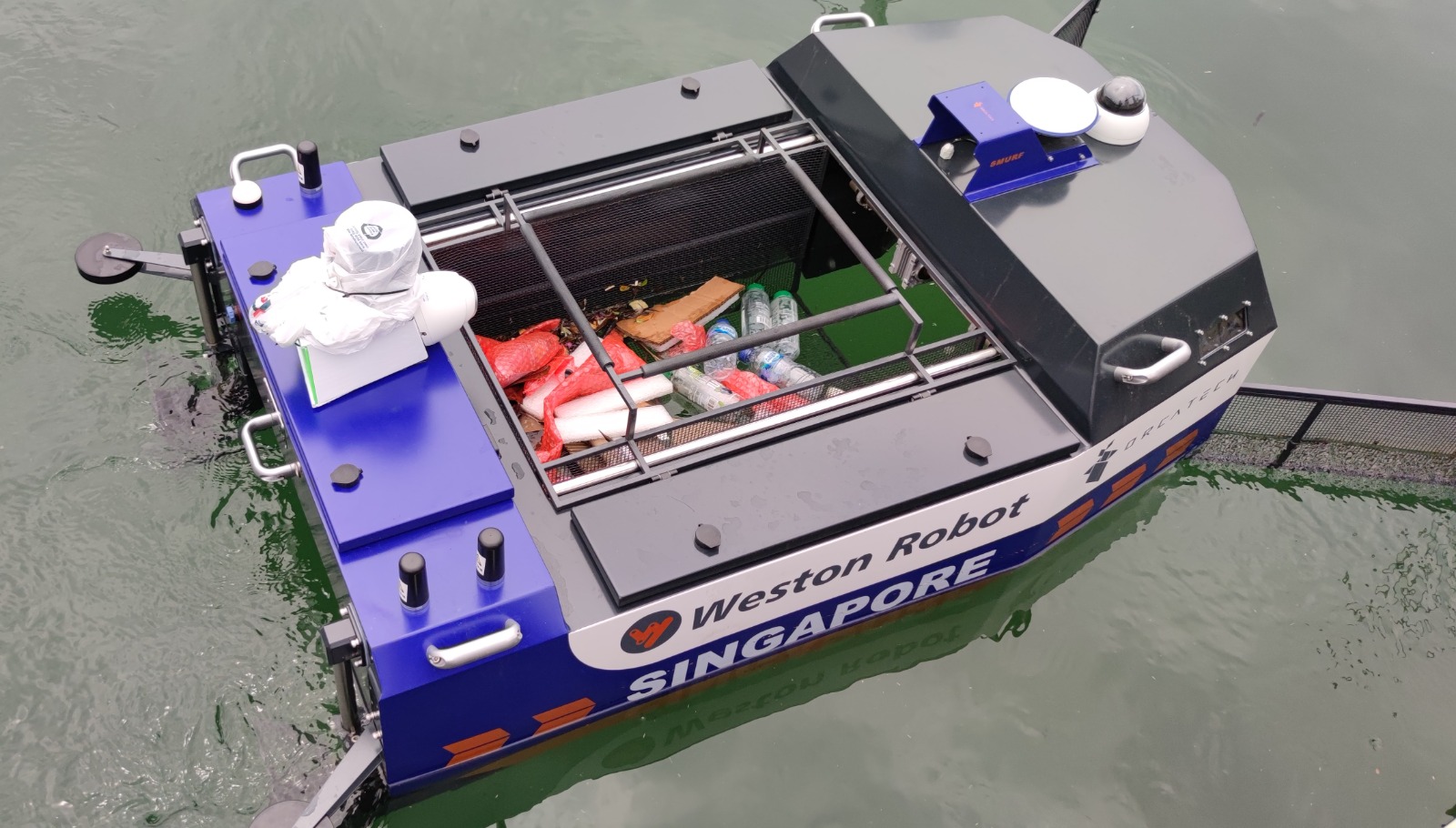 The 5G-enabled SMURF is a battery-operated USV by Weston Robot and M1 that can collect garbage, monitor water quality, collect water samples, and even patrol a body of water.
